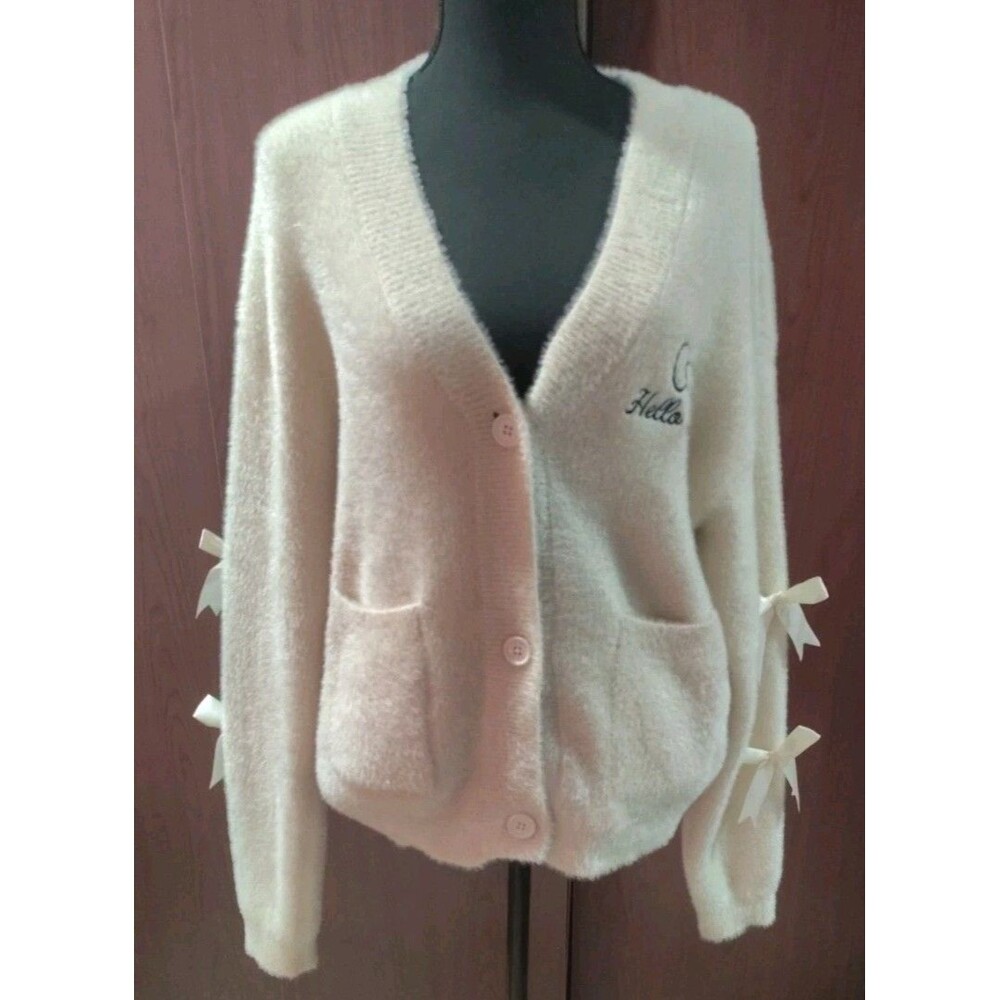 Women's Hello Kitty Graphic Cardigan Size Medium Cream Blush Soft - Picture 3 of 14